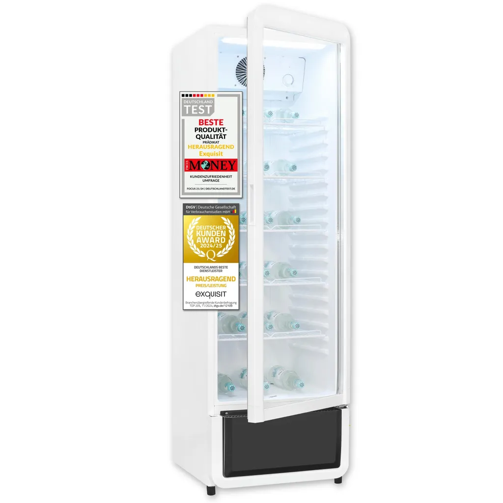 Exquisit glass door refrigerator, 280l beverage refrigerator with LED lighting, fan-assisted lighting, 5 adjustable shelves, CoolPro, GKS5260-GT-431D white