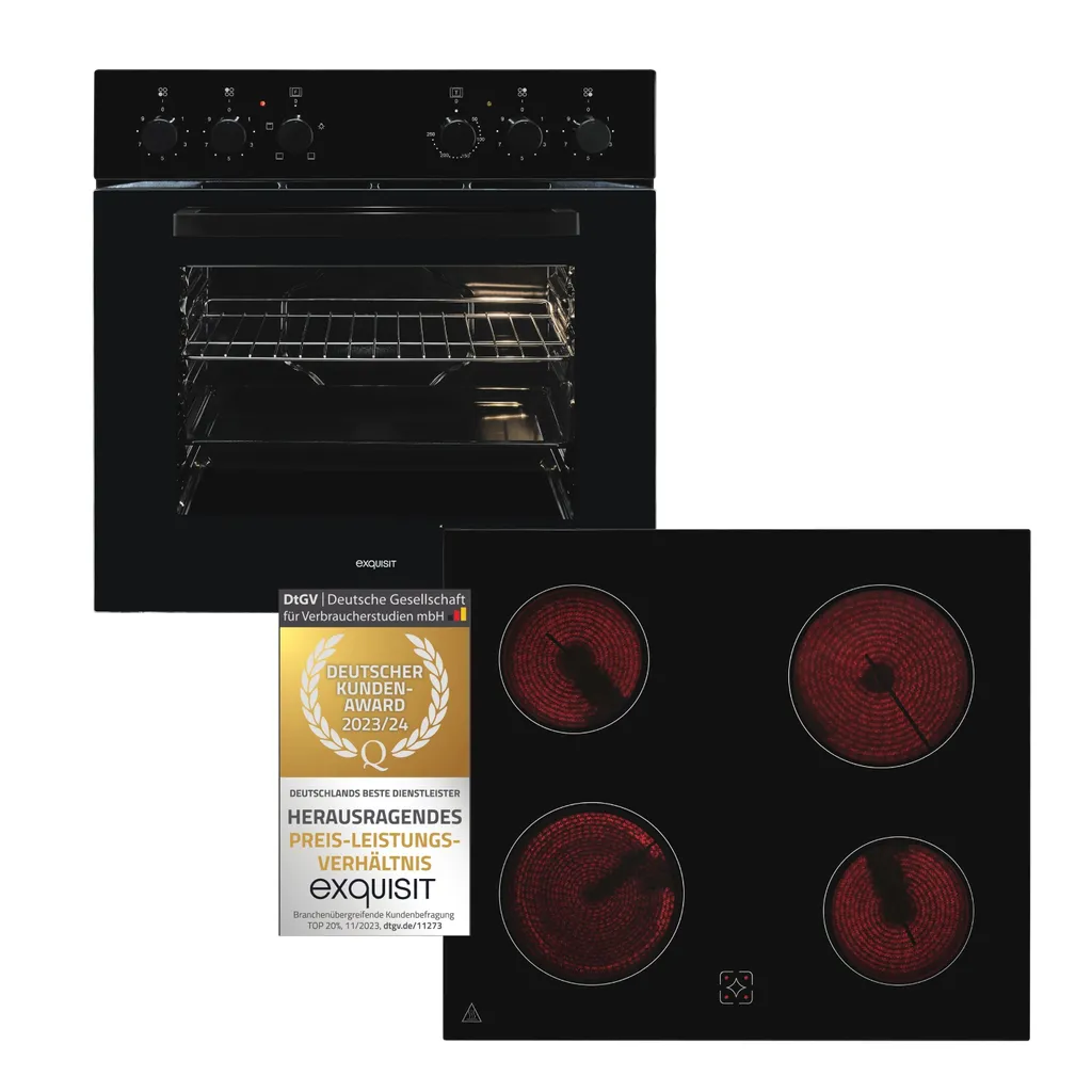 Exquisit Oven Set EHE246-020-Set Black | Energy Efficiency Class A | 59.0 l Oven Capacity | Glass Ceramic Cooktop | 60 cm Oven Set