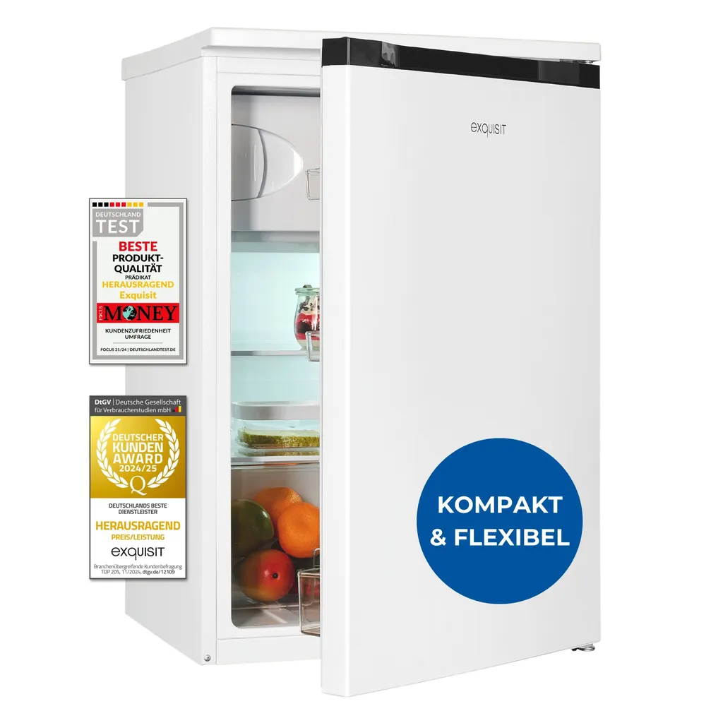 Exquisit refrigerator with 4-star freezer compartment, KS515-4-051C white, 107 liters, 2 shelves, vegetable drawer, reversible door hinge, 55 cm wide
