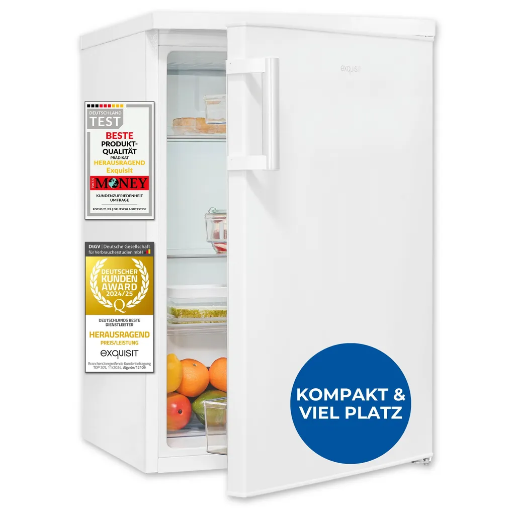 Exquisit refrigerator without freezer compartment, 133 l, LED lighting, 3 glass shelves, temperature control, reversible door hinge, KS16-V-H-010C white
