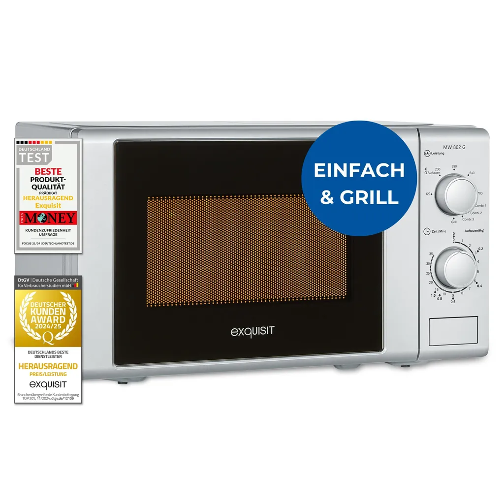 Exquisit Microwave 20L, 1000 Watt Grill, 700 Watt, Easy Operation, 25.5cm Turntable, 5 Power Levels, Timer, 2 Rotary Knobs, MW 802G Silver