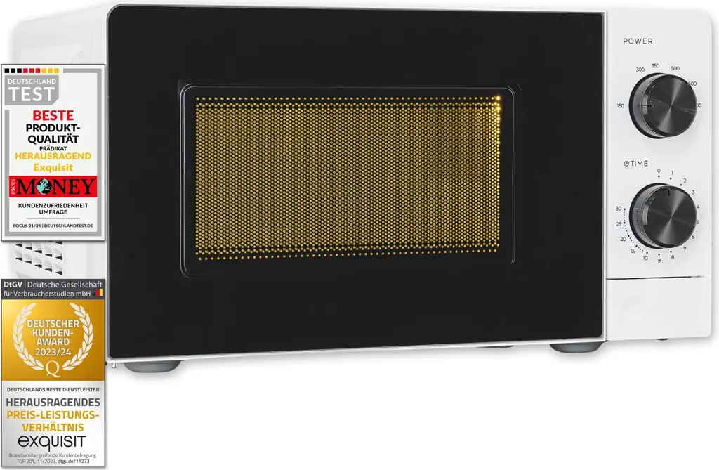 Exquisit Microwave 20L, 700 Watt, 24.5cm Turntable, 5 Power Levels, Timer, Defrost Function, 2 Rotary Knobs, MW950-070 white