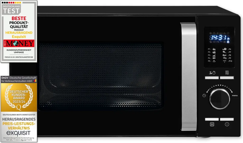 Exquisit Microwave MW 8925-7 HSW | Hot Air and Grill | Max. 1950 W | 25 l Capacity | Black Glass Front