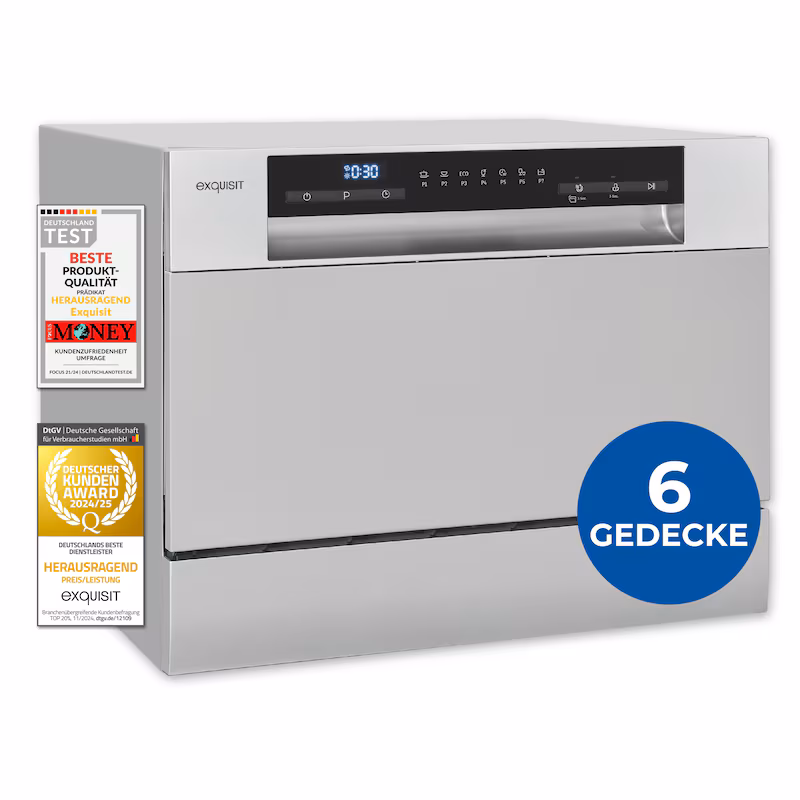Exquisit Mini Dishwasher, Countertop Dishwasher, 55 cm Wide, Small Dishwasher, Automatic Door Opener, ECO Mode, GSP5206-030D Silver