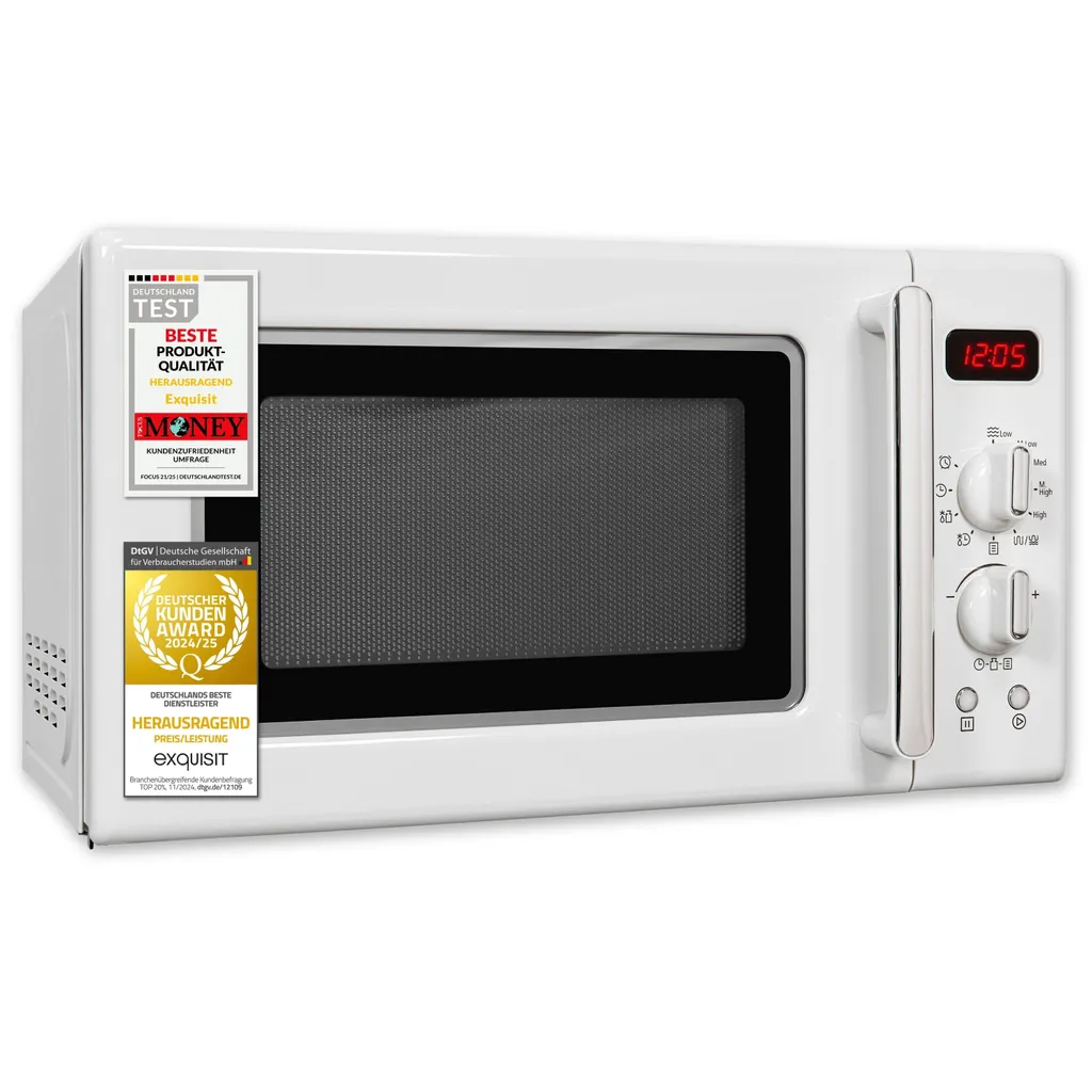 Exquisit Retro Microwave 700 Watt, 25.5 cm Turntable, 1000 Watt Grill, 20L, 5 Power Levels, Defrost Function, 2 Rotary Knobs, RMW720-3GDIG White