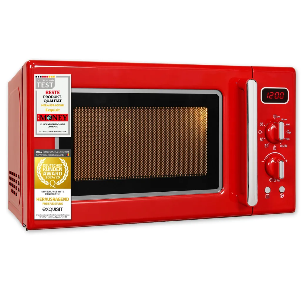 Exquisit Retro Microwave 700 Watt, 25.5 cm Turntable, 1000 Watt Grill, 20L, 5 Power Levels, Timer, Defrost Function, 2 Rotary Knobs, RMW720-3GDIG red