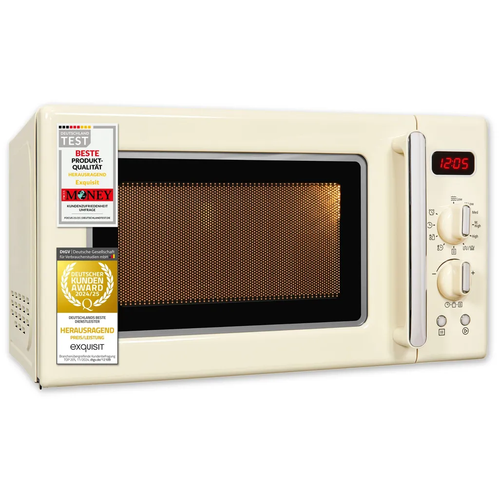 Exquisit Retro Microwave 700 Watt, 25.5 cm Turntable, 1000 Watt Grill, 20L, 5 Power Levels, Timer, Defrost Function, RMW720-3GDIG cream