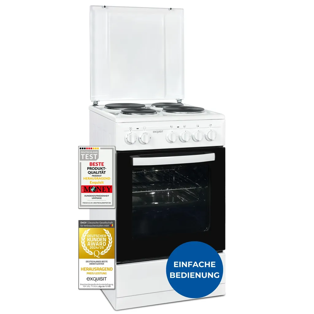 Exquisit freestanding cooker, 50 cm wide, solid cooktop, easy to use, 48 l oven capacity, electric freestanding cooker 50 cm, EH9-3-090 white
