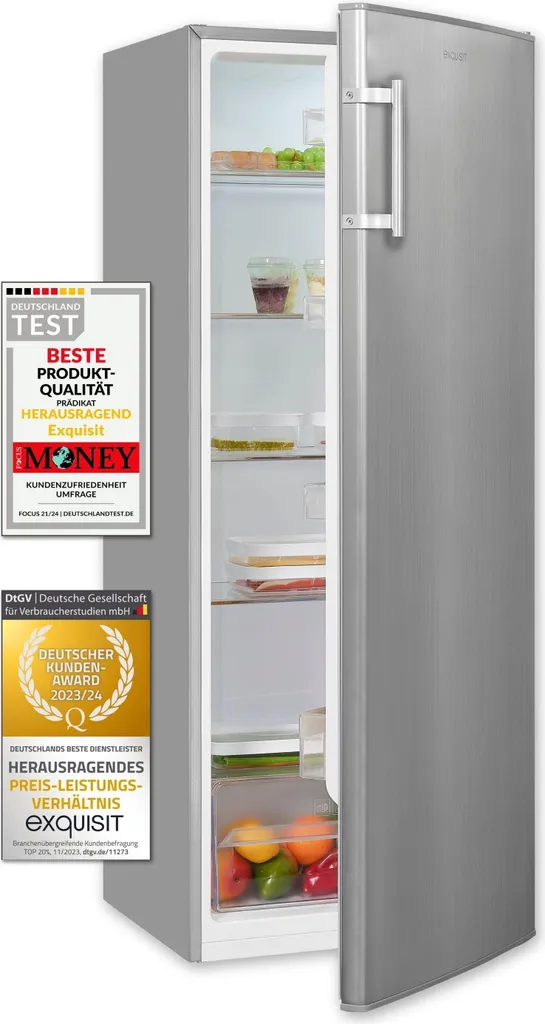 Exquisit KS320-V-H-040E full-size refrigerator in stainless steel look | 242 l net capacity | stainless steel appearance