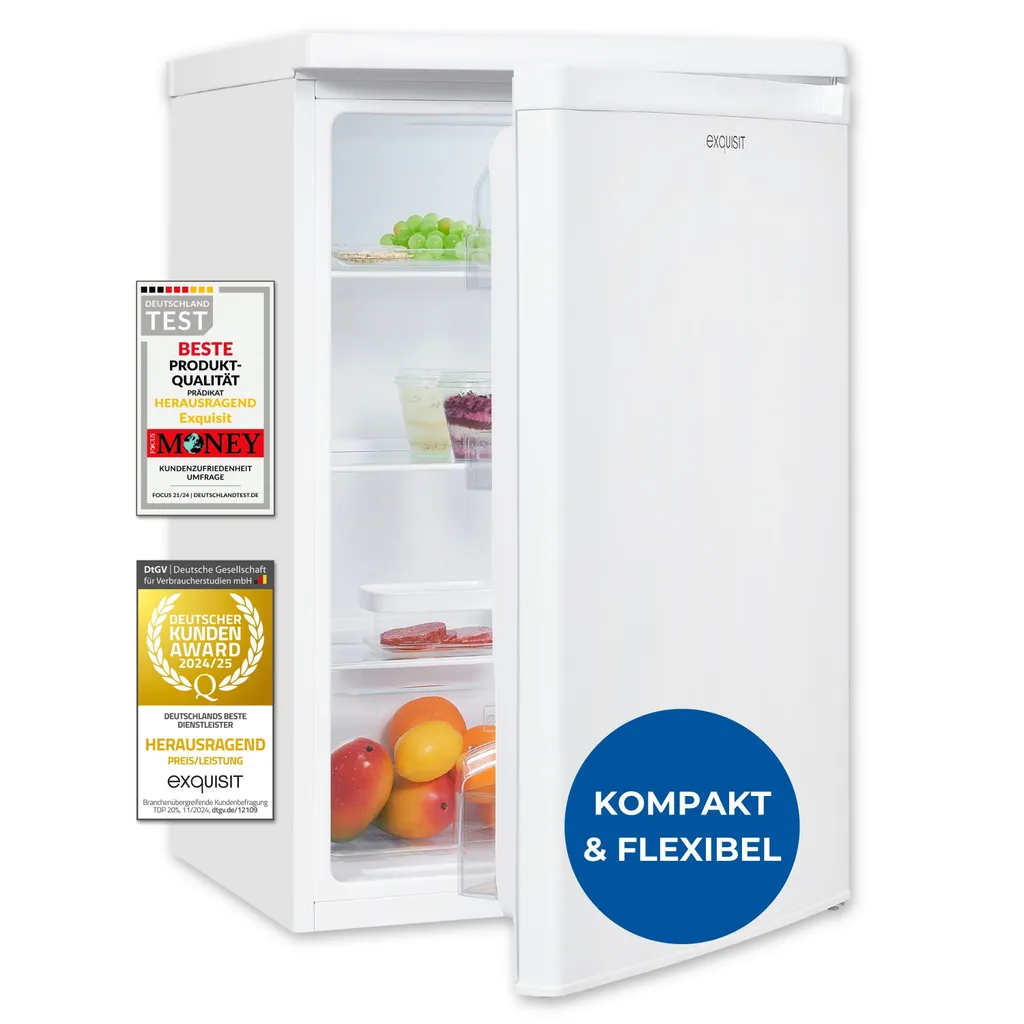 Exquisit KS516-V-040E full-size refrigerator, white | 127 l net capacity | LED light | temperature control | with vegetable compartment | with door shelf