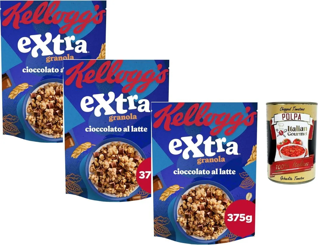Kellogg Extra Granola Muesli Milk Chocolate Crispy Oat Flakes 3x375g Family Pack Palm Oil Free High in Fiber Breakfast + Italian Gourmet polpa 1125g