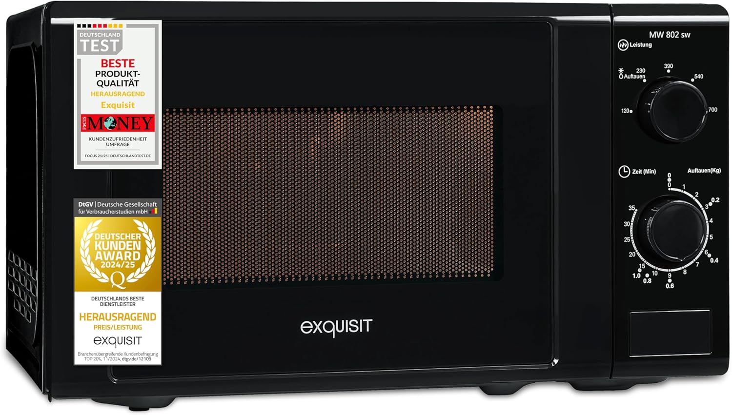 Exquisit Microwave MW 802 SW, 700 W Power, 20 L Cooking Space, Compact Microwave With Stainless Steel Interior, Space Saving, Incl. Timer, Black
