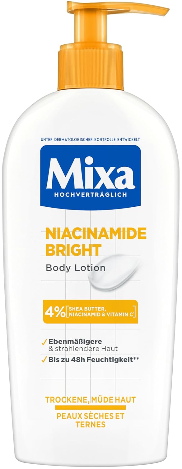 Mixa Niacinamide Bright - Nourishing Body Lotion with 4% Shea Butter, Niacinamide and Vitamin C for More Even and Radiant Skin, 250 ml