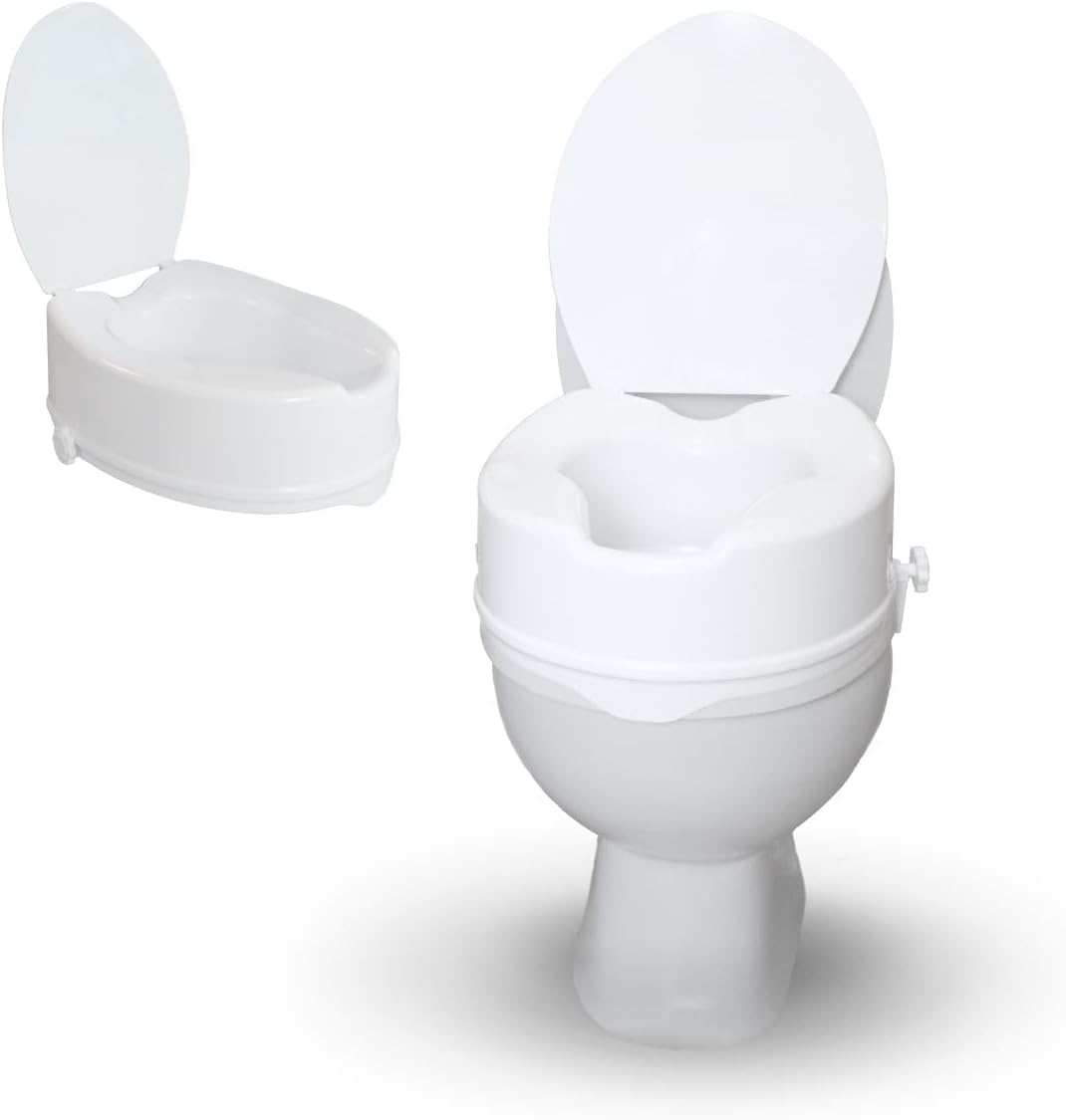 Mobiclinic Store Mobiclinic, Raised Toilet Seat with Lid, 14 cm Height, Height Adjustable, Toilet Booster Seat for Seniors and Adults, Ergonomic Toilet Attachment, Non-Slip, Easy Assembly, White, Titanium