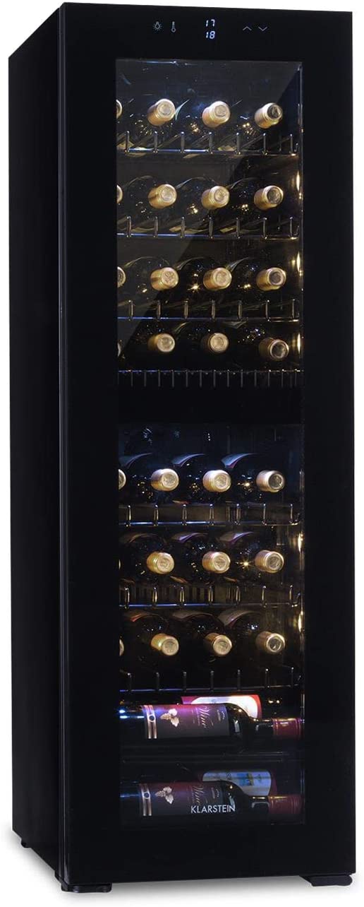 Klarstein Shiraz Duo Wine Fridge 2 Zones Wine Cabinet with LED Interior Lighting Wine Climate Cabinet with Panoramic Glass Door 42 dB Black Volume 105 Liters / 39 Bottles Piano Black