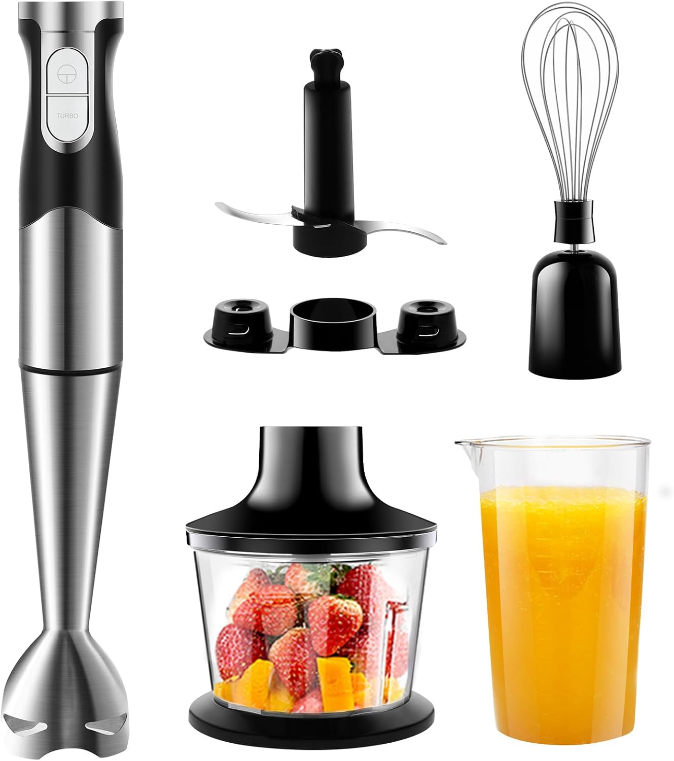 VIYSPNV 6 in 1 Hand Blender Set, 1200W Stainless Steel Hand Blender with Whisk, Chopper and Measuring Cup for Baby Food, Soup, Shakes
