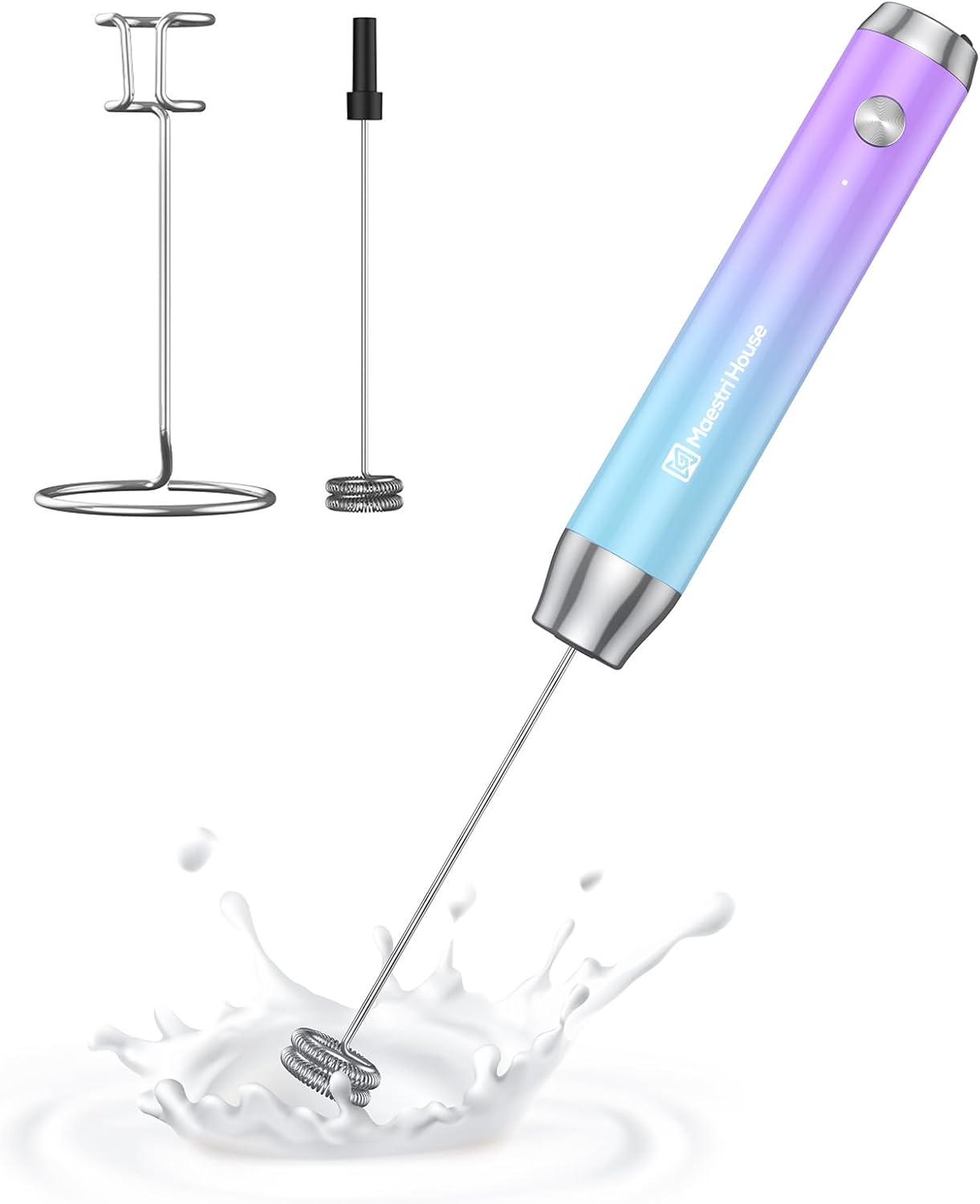 MaestriHouse Rechargeable Milk Frother Portable Electric Waterproof Removable Stainless Steel Whisk Drink Mixer Stand 2 Whisks (Purple/Blue) LunaFro