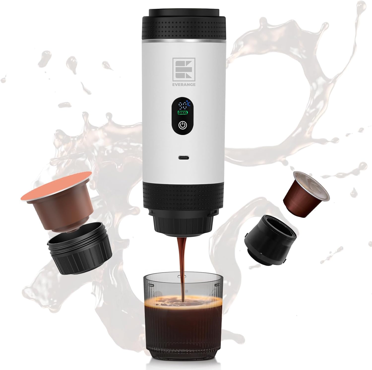 Portable Electric Espresso Machine, Travel Coffee Maker, Compatible with Ground Coffee and NS Capsules (White with LCD Display)