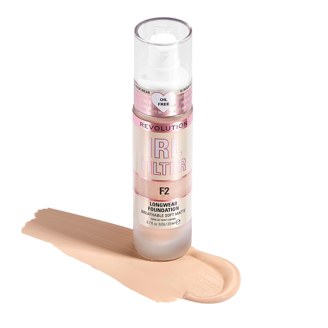 Makeup revolution, irl filter LONG LASTING Foundation Medium to Full Coverage Matte Finish 16 Hour Shelf Life F2 Light to Light Skin Tones 23ml