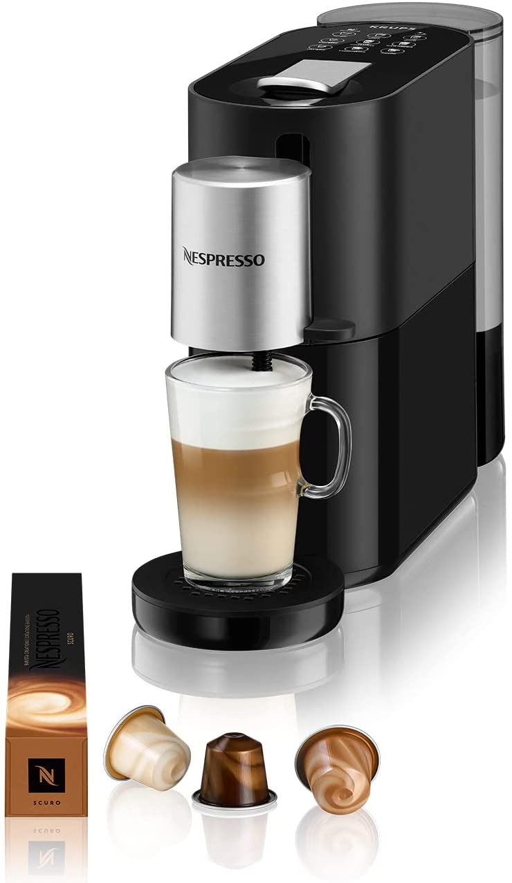 Krups XN8908 Nespresso Atelier Coffee Capsule Machine | Milk Frothing System Directly in the Cup | Hot and Cold Drinks | 1 Litre Water Tank | Includes Nespresso glass cup and capsules, 19 bar pressure, black/silver.