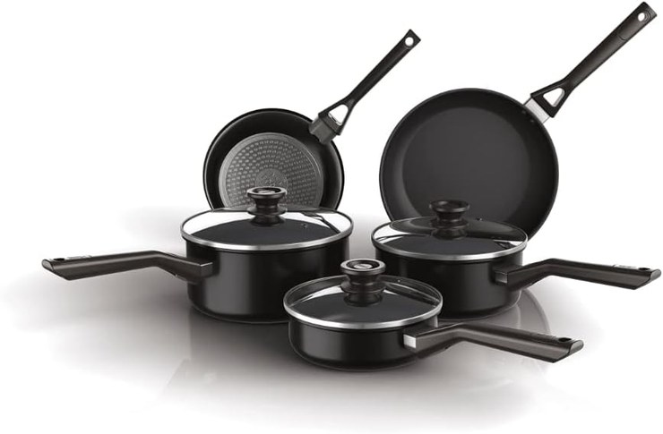 Ninja Zerostick Classic 5-Piece Pan Set [CW55000UK] Aluminum Cookware, Induction Compatible, Dishwasher Safe, Oven Safe up to 180 °C, Glass Lid, Black