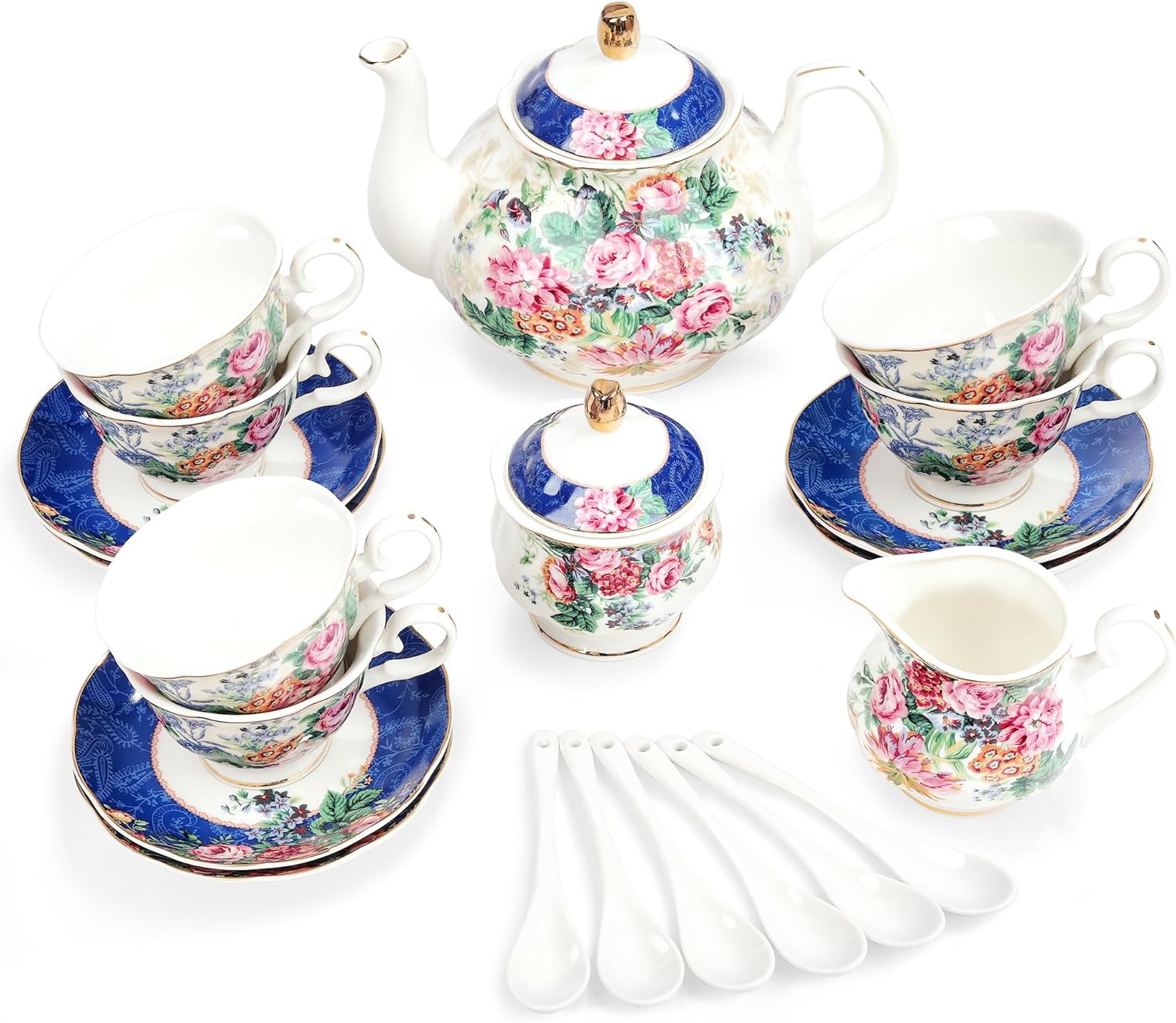 fanquare 15 Pieces Blue Flower Porcelain Tea Service, Pink Flower Ceramic Tea Cup and Saucer Set for 6, China Coffee Set for Adults and Women