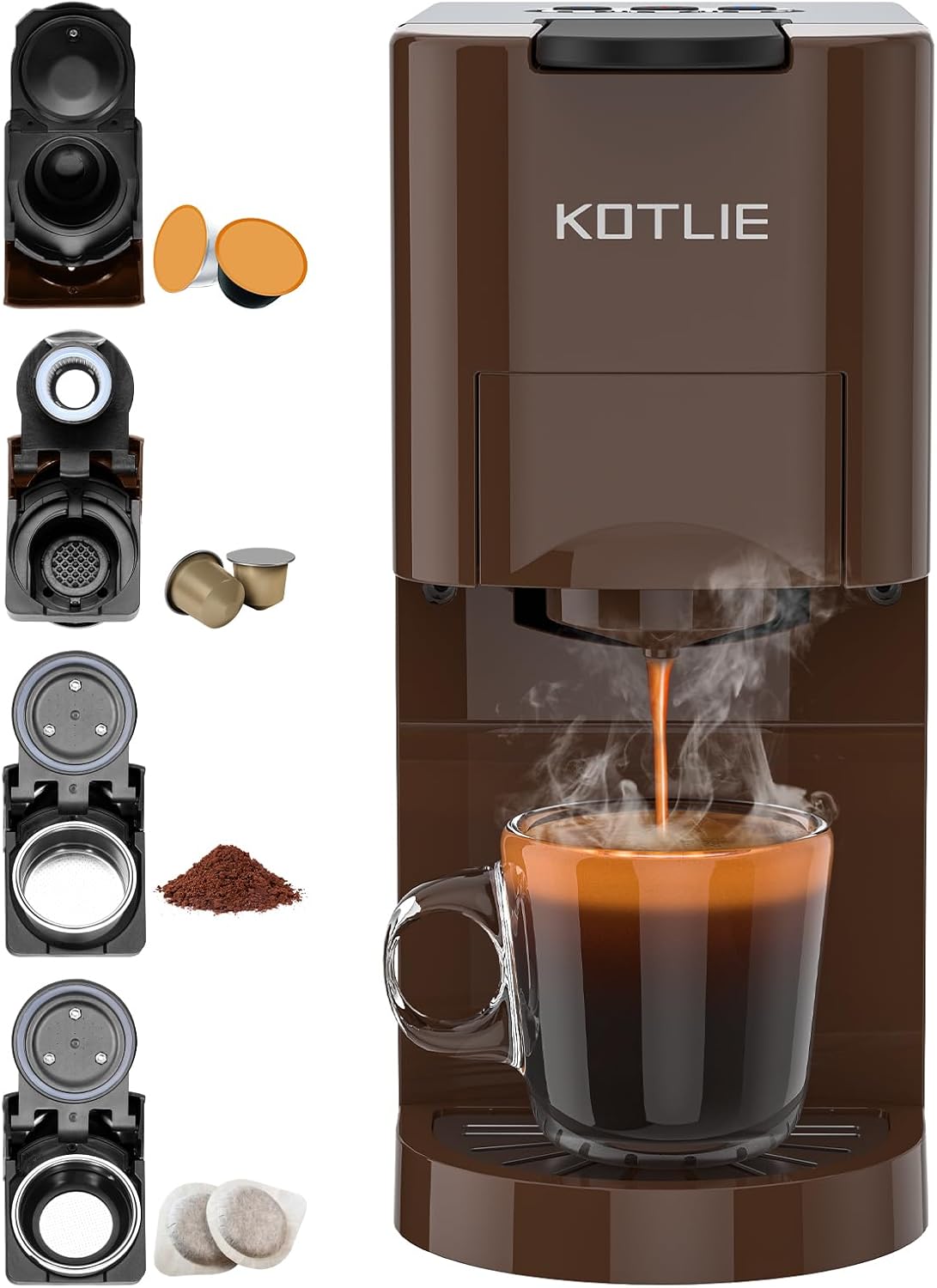 KOTLIE Espresso Coffee Machine, 4-in-1 Coffee Machine for NES/DG/Flour/ESE (44 mm) Capsule Espresso Machine, 19 Bar (Brown)