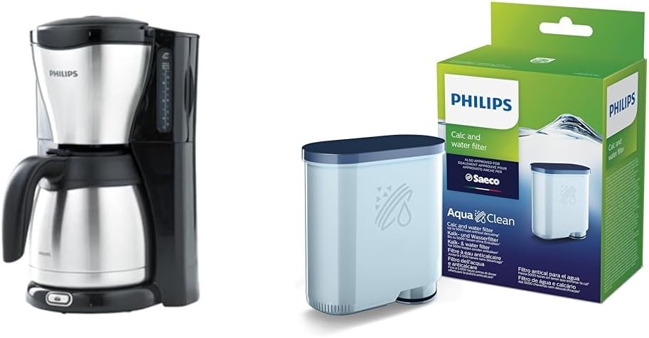 Philips Domestic Appliances Philips Filter Coffee Maker - 1.2 Liter Thermos Flask & Philips AquaClean Limescale and Water Filter for Espresso Machine, No Descaling up to 5000 Cups, Single Pack