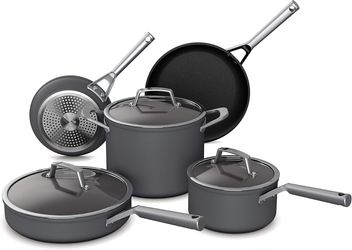 Ninja Foodi Neverstick, Premium Anti-Scratch Pots and Pans with Lid, Stainless Steel Glass, Slate Grey, C38000
