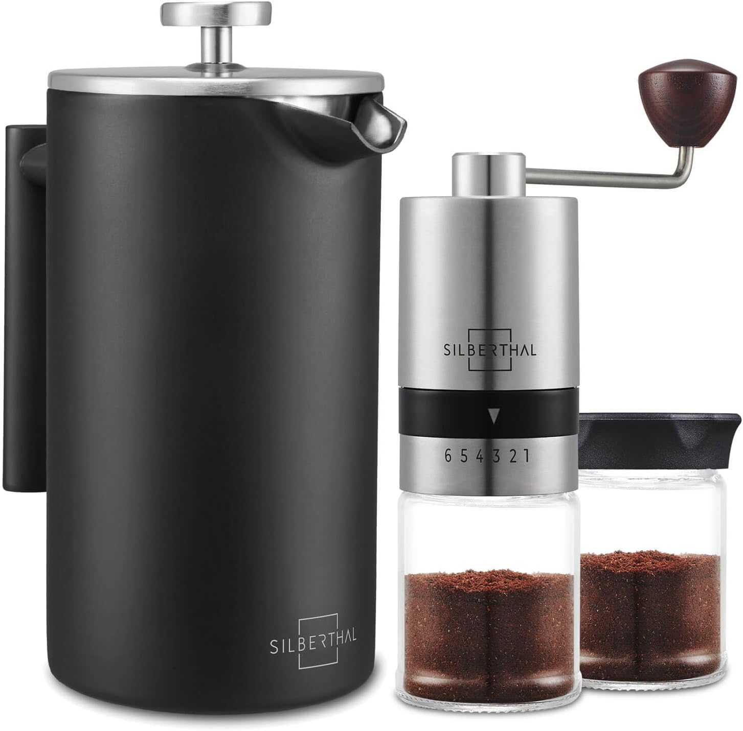 SILBERTHAL Manual Coffee Hand Mill with Conical Stainless Steel Grinder & French Press 1 Liter Made of Steel - for Coffee Savings Set - 2 Pieces