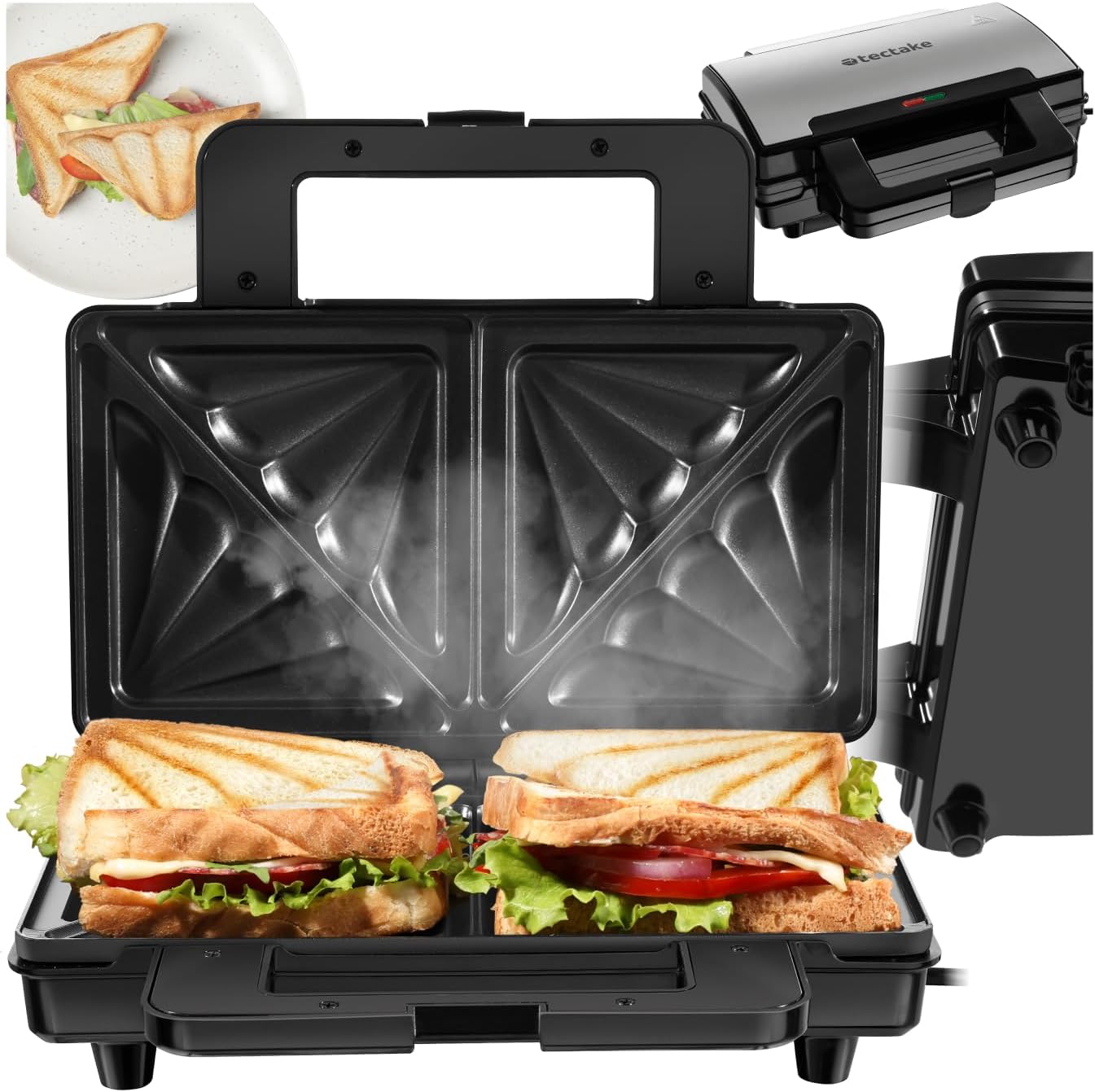 tectake® Sandwich Toaster, Sandwich Maker Panini Grill, Table Grill Contact Grill Electric with Plates, Household Appliances for Toast, Special Pattern, Non-Stick Coating