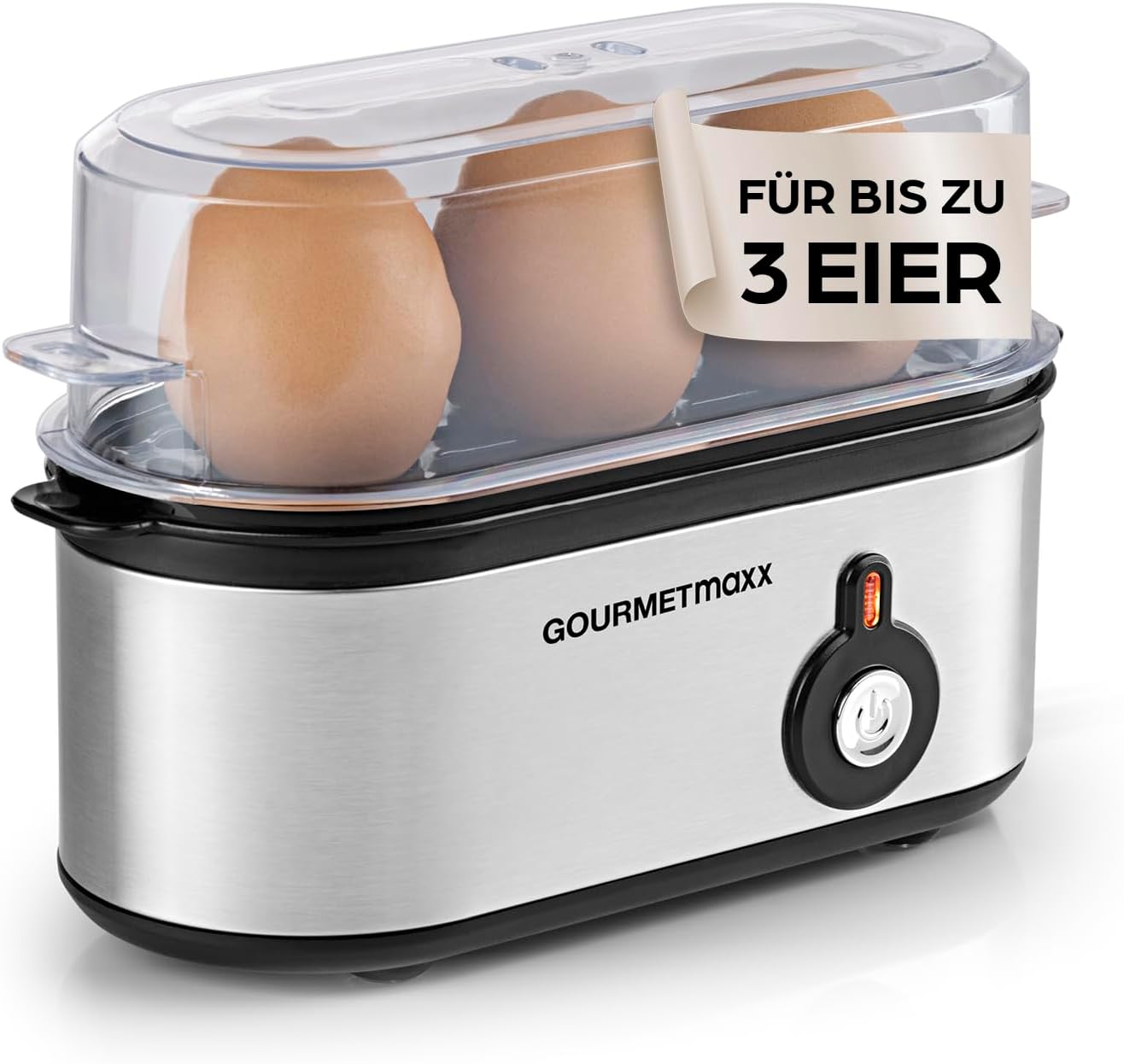 GOURMETmaxx Egg Cooker for 3 Eggs | Egg Boiler with Egg Cutter in Measuring Cup | Egg Cooker - 3 Hardness Levels for Your Egg Cup | Small Egg Cooker Design - Dishwasher Safe Parts
