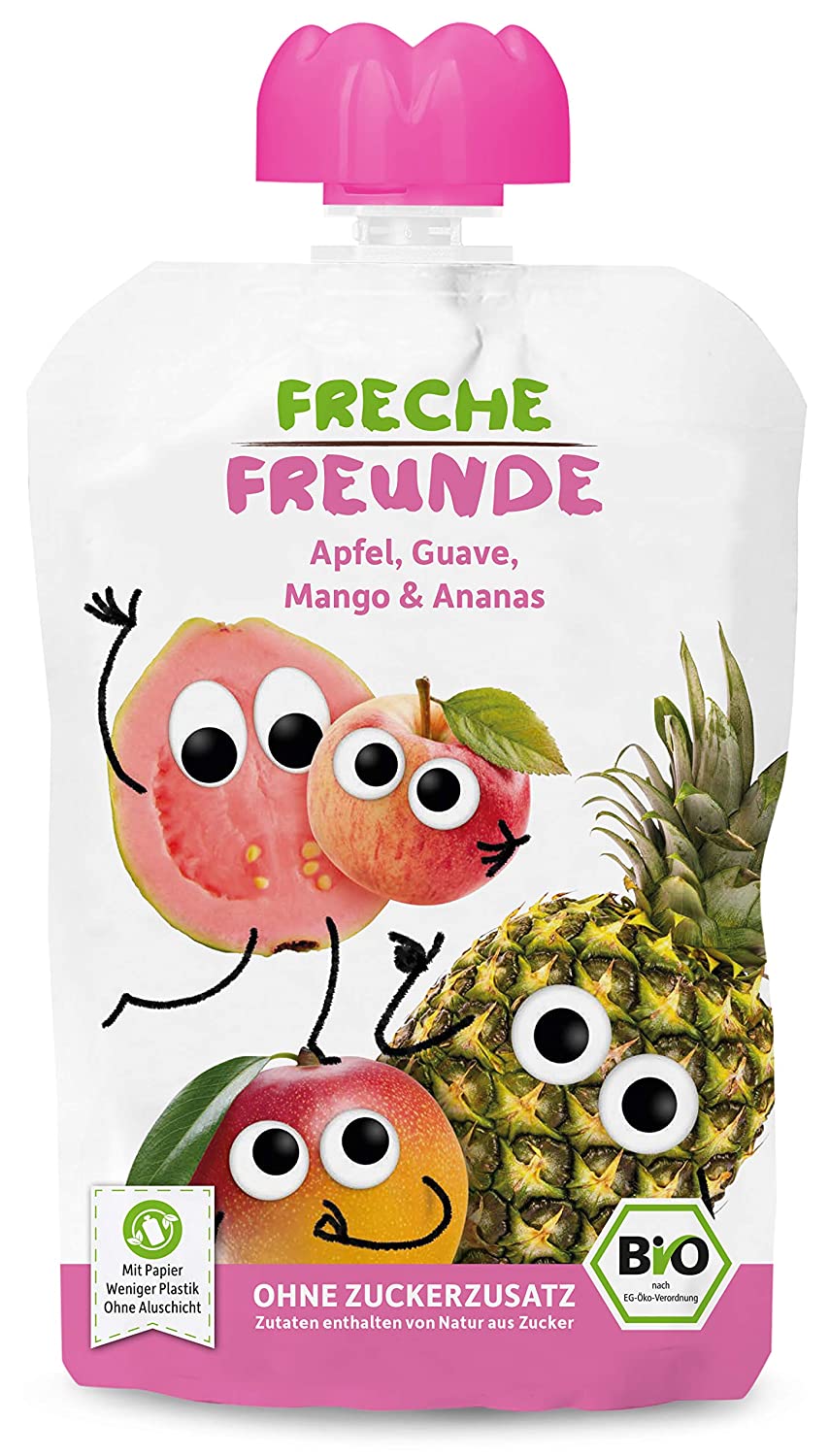 FRECHE FREUNDE Bio Quetschie Apfel, Guave, Mango und Ananas, Fruchtmus im Quetschbeutel für Babys ab dem 6. Monat, glutenfrei und vegan, 6er Pack (6x 100 g)