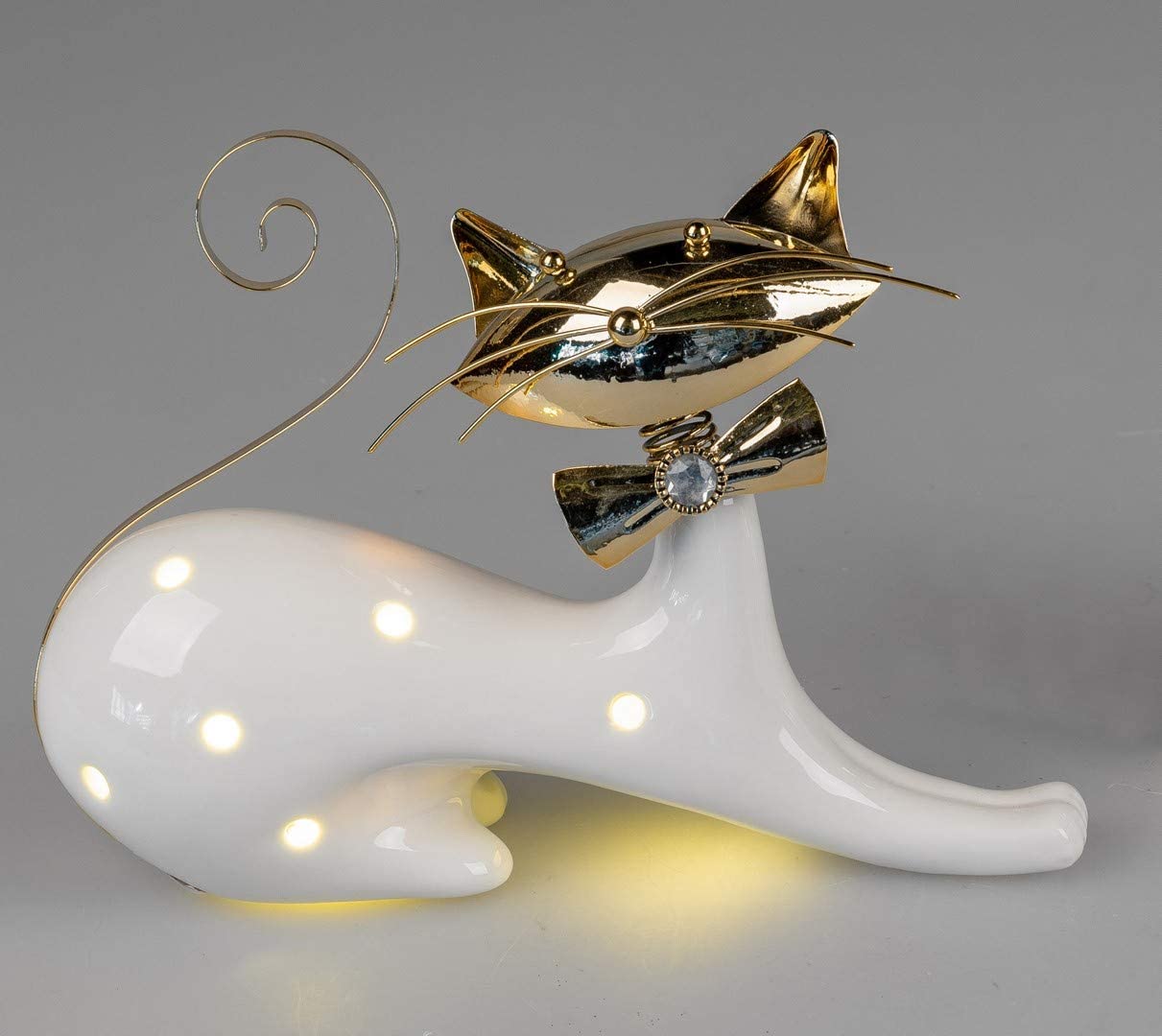 Itrr Deko Katze Liegend, Weiß-Gold Mit Led-Licht, Ca. 25Cm 703613A