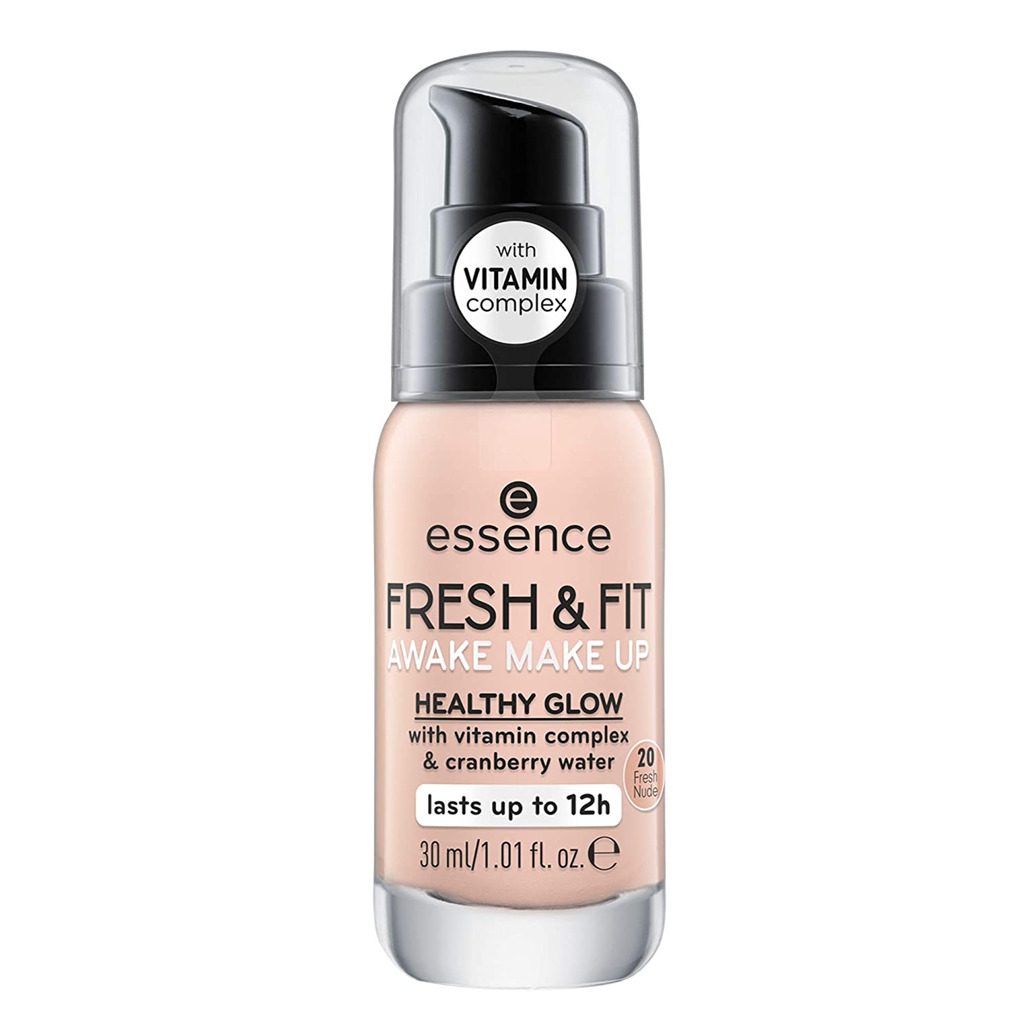 essence cosmetics essence Fresh & Fit Awake Make Up, Foundation, Healthy Shine with Vitamin Complex & Cranberry Water, Lasts up to 12 Hours, No. 20 Fresh Nude No Paraben Gluten Free (30 ml), ‎20