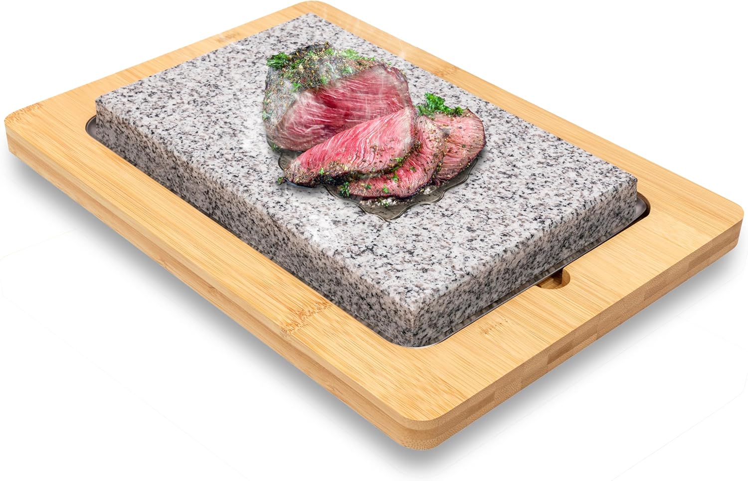 NutriChef Granite Stone Grill Plate 38 x 27 cm - Teppanyaki Table Grill with Bamboo Top, Non-Stick, 290 °C, Non-Slip, Indoor & Outdoor, Granite