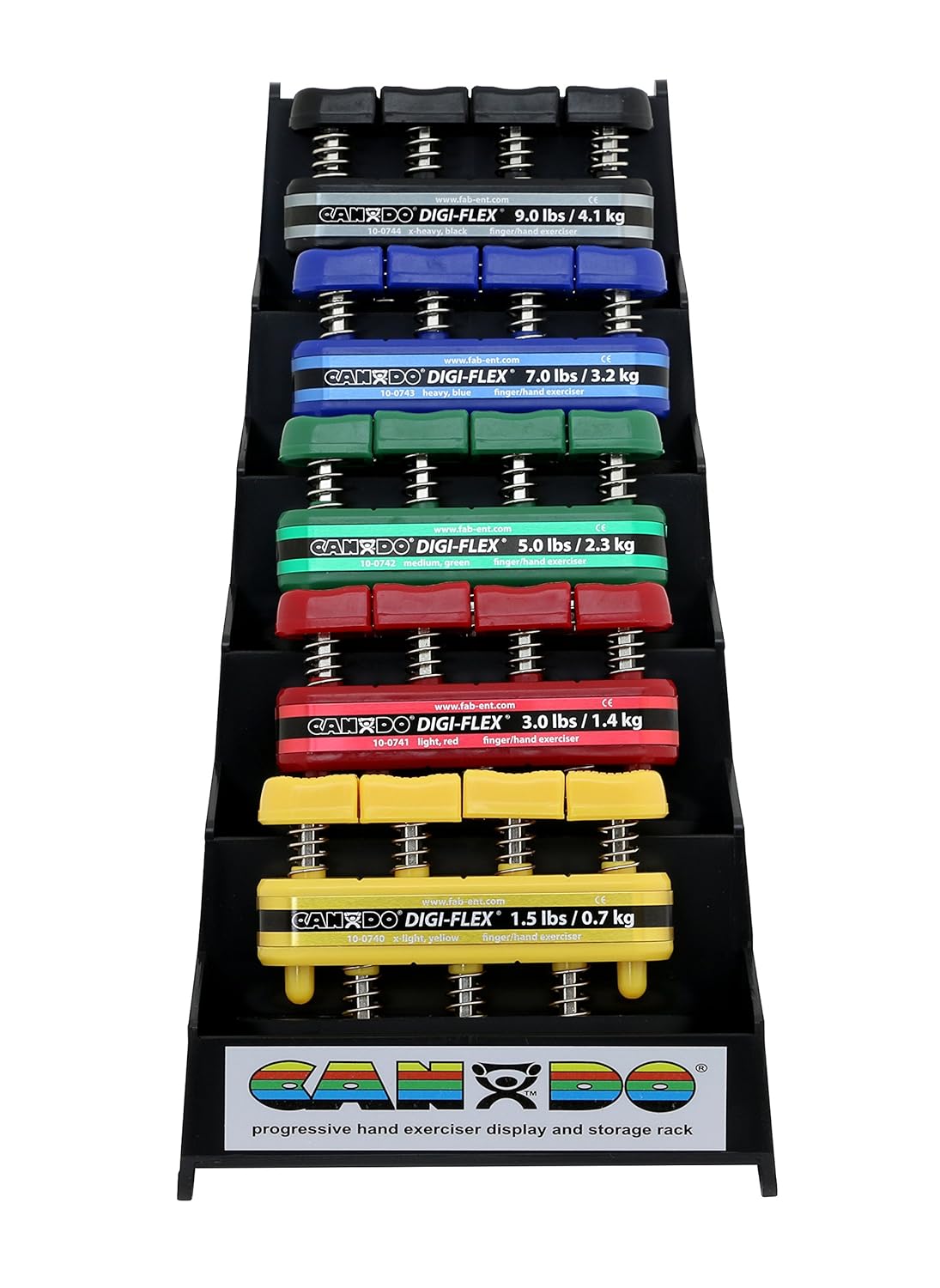 Cando Store Cando Digi-Flex Hand Exerciser Set, Finger Grip Strengthener Set of 5 (1 per difficulty - Very Easy to Very Difficulty) and Stand