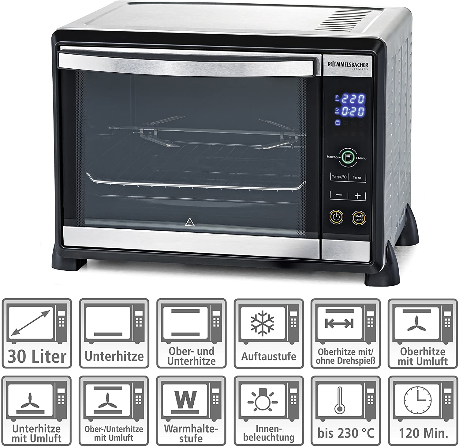 Rommelsbacher Romelsbacher BGE 1580/E Electronic Back & Grill Oven 30 Litre Baking Room Electronic Control from 80-230 °C Touch Control 8 Types of Heating Recirculation Rotisserie Timer Double Glazing Stainless Steel