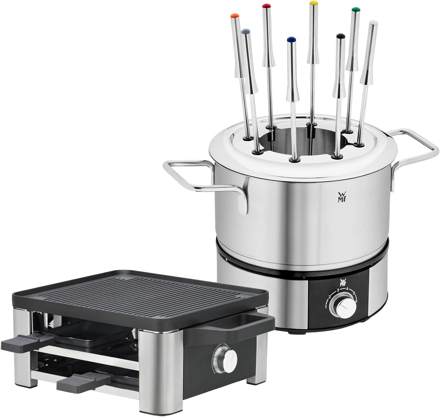 WMF Set of 2 Raclette Grill with Pans and Sliders, Raclette 4 People, 870 W, Stainless Steel and Lono Fondue Set for 8 People, Electric Fondue, 1400 W, Temperature Control, Fork Holder