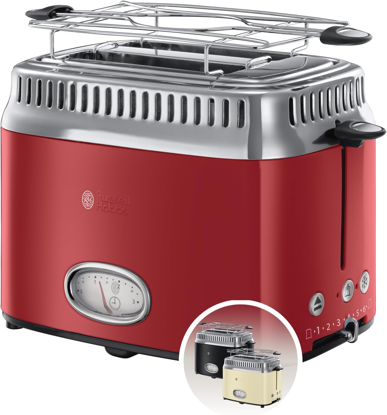 Russell Hobbs Store Russell Hobbs Vintage 21680-56 Toaster [for 2 Slices] Retro Stainless Steel Red (Countdown Display in Retro Design, Includes Bun Attachment, 6 Browning Levels + Defrost & Reheat Function, 1300 W)