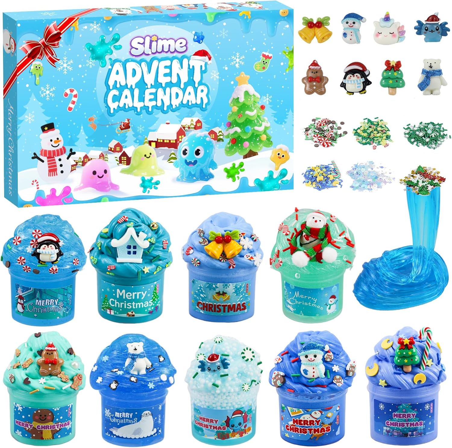 Slime Advent Calendar 2025 for Children, 24-Day Countdown Slime Christmas Calendar Children, 12 Pieces Christmas Surprises Gift Slime Kit for 3 4 5 6 7 8 9 10 11 Years Boys Girls (Blue)