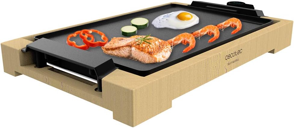 Cecotec Tasty&Grill 2000 Bamboo - Electric Grill (Power 2000 W, Bamboo structure, Adjustable thermostat, Flat iron, Cast aluminum coating, Dishwasher safe)