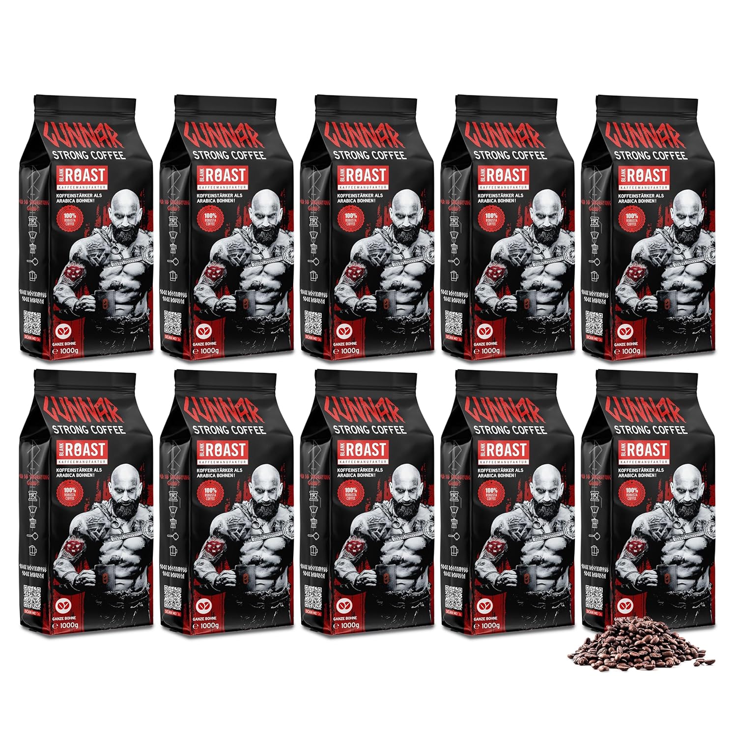 Blank Roast - GUNNAR - 1 kg (10 Pack) - Whole Coffee Beans Extra Strong - Strong Robusta Roasting - 494 mg Caffeine per Cup - Spicy & Powerful with Notes of Dark Chocolate - Low Acid