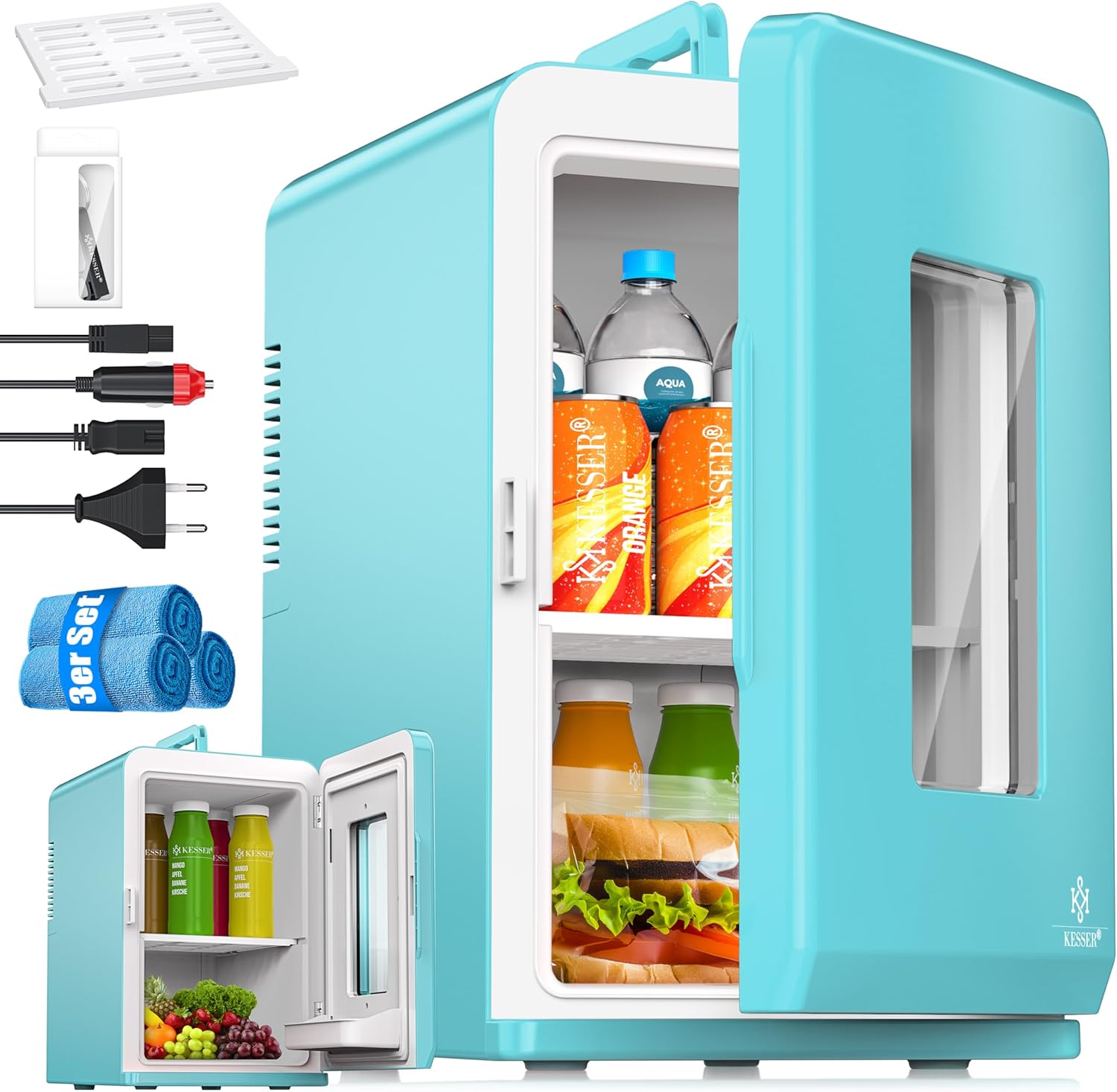 KESSER® 2-in-1 Mini Fridge Cool Box 15 Litres Cooling and Heating Function Portable AC DC 220-240 V/12 V Socket and Cigarette Lighter Warming Box Thermal Box Car Offices Room Camping Garden Light Blue