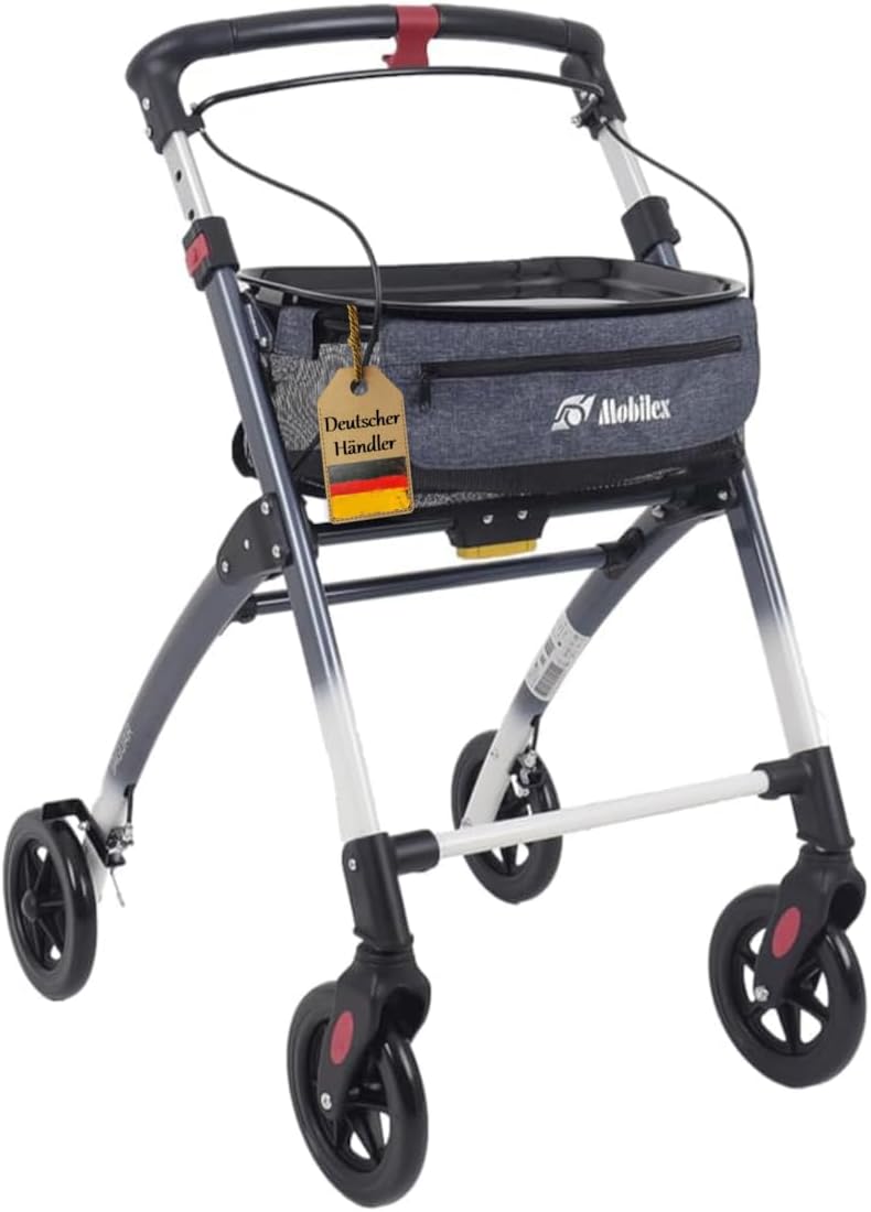 FabaCare Jaguar Indoor Rollator Narrow with Tray, Lightweight Home Rollator, Foldable, up to 100 kg, Blue Grey/White