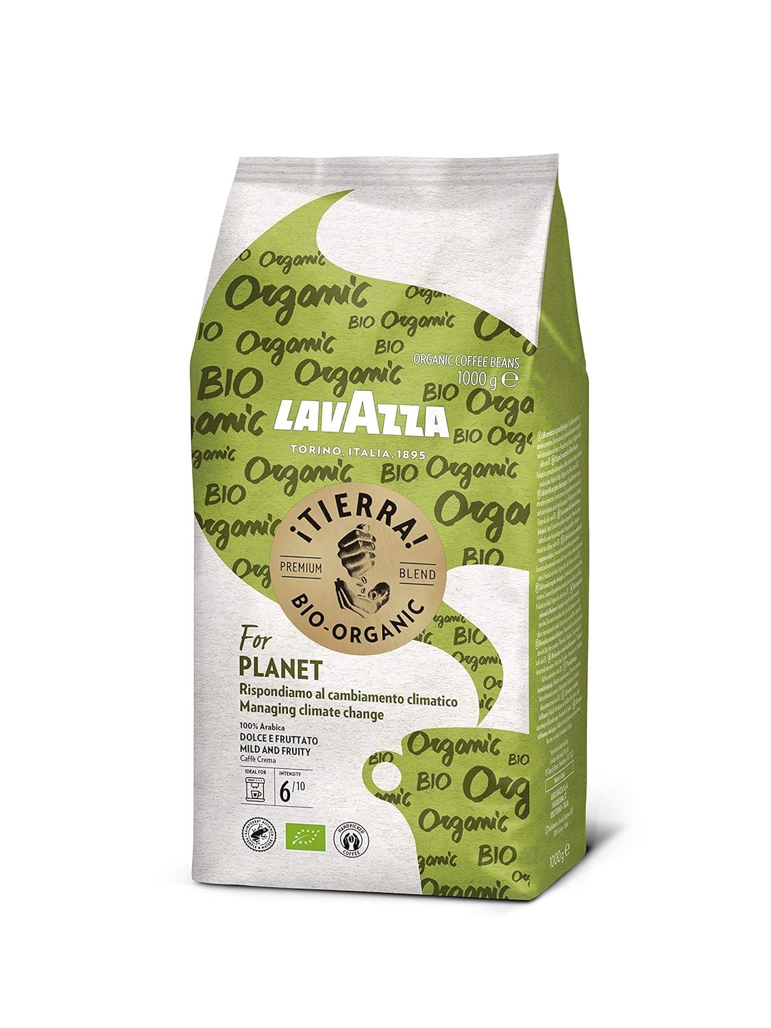 Lavazza, Tierra For Planet, 100% Organic Arabica Coffee Beans, Ideal for Espresso Machines, Mild Flavor, Intensity 6/10, Fruity & Floral Flavors, Light Roasting, 1 kg Pack (Pack of 2)