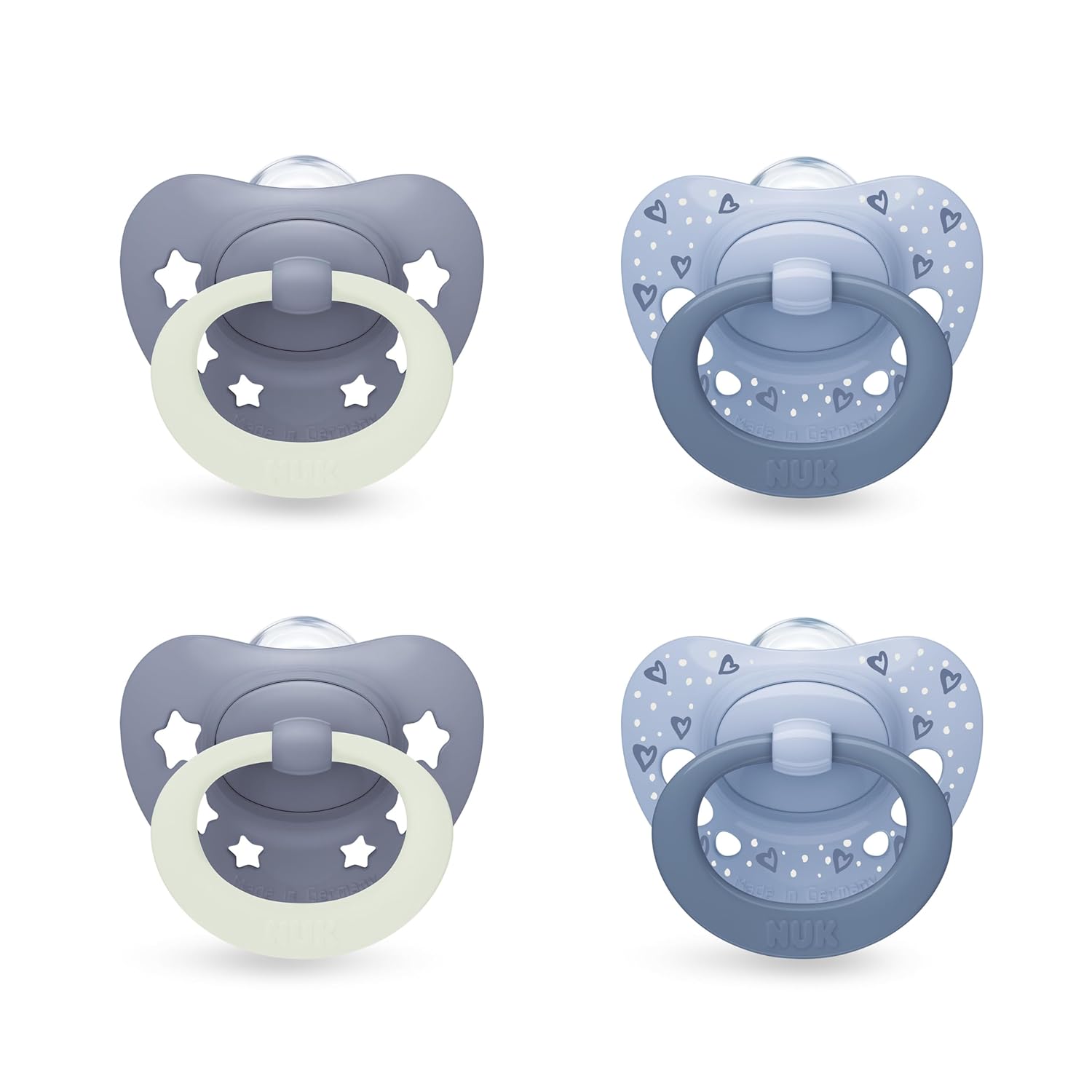 NUK First Choice Classic Day & Night Baby Dummies | 0-6 Months | Glow in the Dark Orthodontic Dummies | 95% Acceptance in Babies** | Blue | Pack of 4