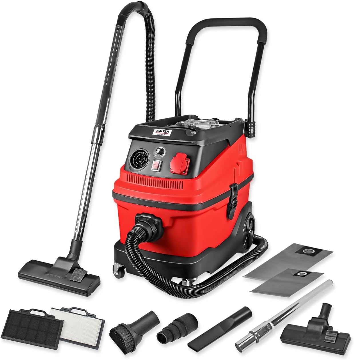 WALTER Industrial Vacuum Cleaner 3-in-1 with Water Filter, 1600 W, 230 V, Wet & Dry Vacuum Cleaner, with Socket for Synchronous Operation, Strong Suction Power up to 18 KPa, Includes Extensive