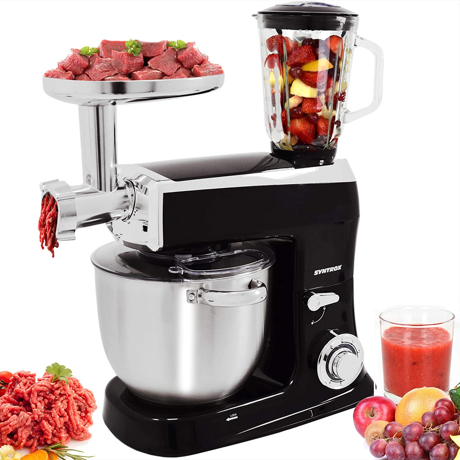 Syntrox Germany 1500 Watt Food Processor Kneading Machine Mixer with Mincer, Stainless Steel Container, 7.5 Litres, Black