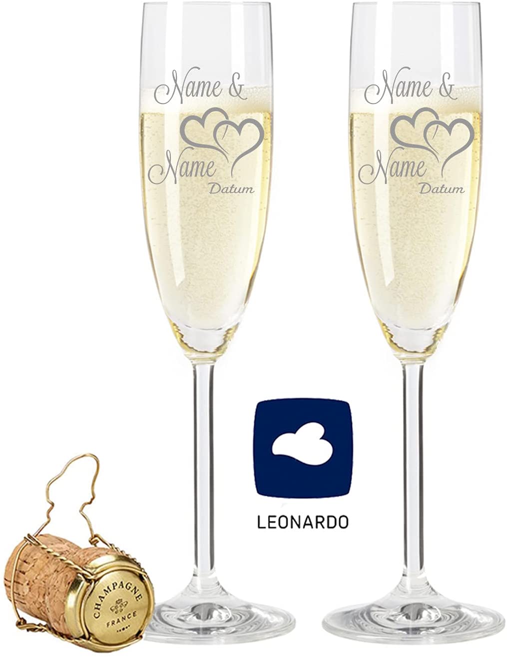 GRAVURZEILE Leonardo Champagne Flutes with Engraving of Name and Date - The Great Love Design - Gift for Wedding, Engagement or Anniversary - The Perfect Wedding Gift
